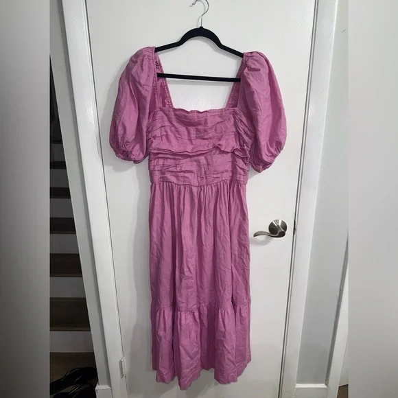 Abercrombie & Fitch Emerson Linen-Blend Puff Sleeve Midi Dress in Pink Size L - Picture 8 of 16